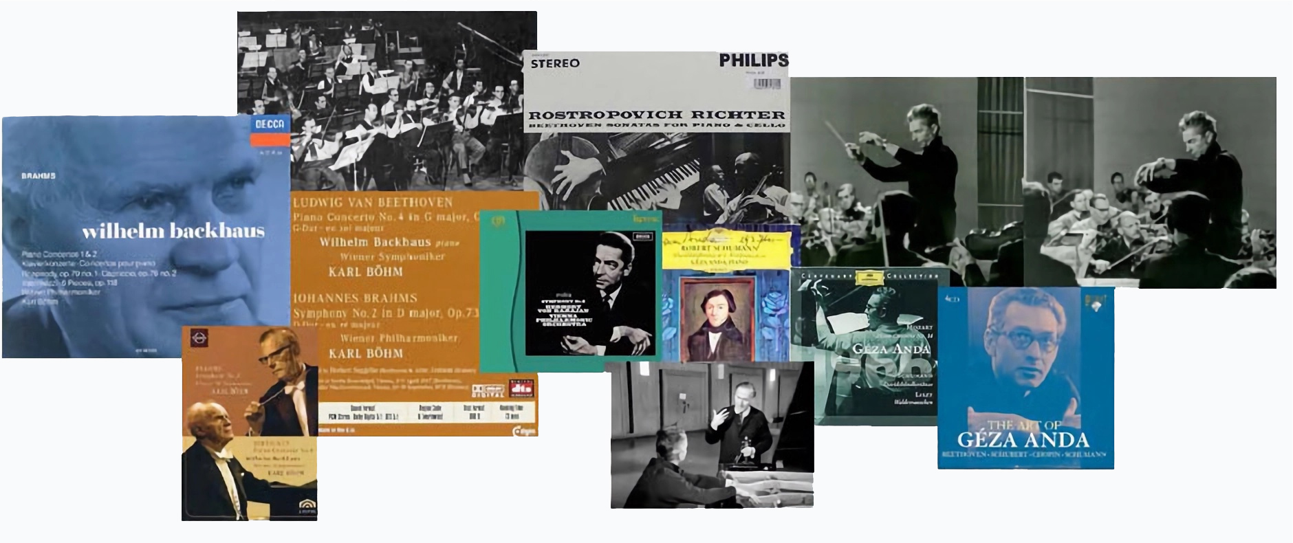 Wilhem Backhaus, Rostropovich Richter and Géza Anda historic recordings.